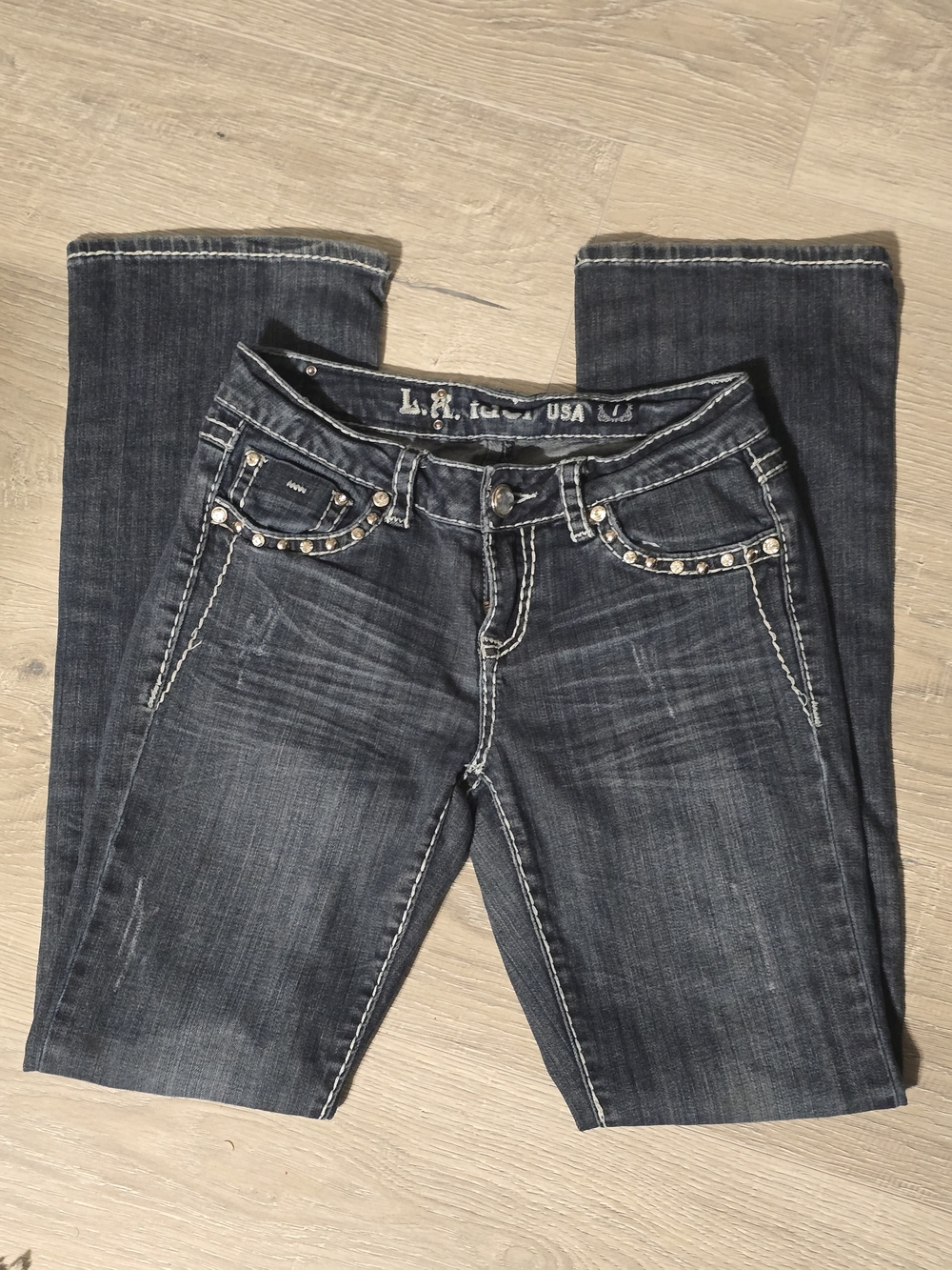 L.A. idol Dark Blue Boot Cut Jeans with Studded Pockets
